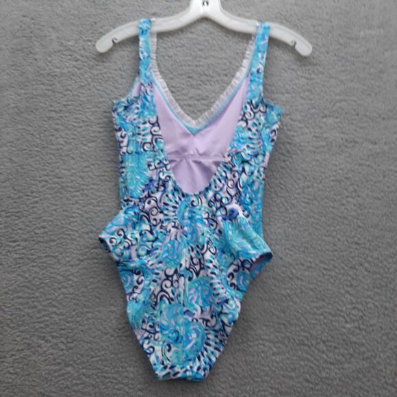 Lilly Pulitzer Womens Araza One Piece Teal blue Size 4 ruffle lace neck line - Picture 3 of 5